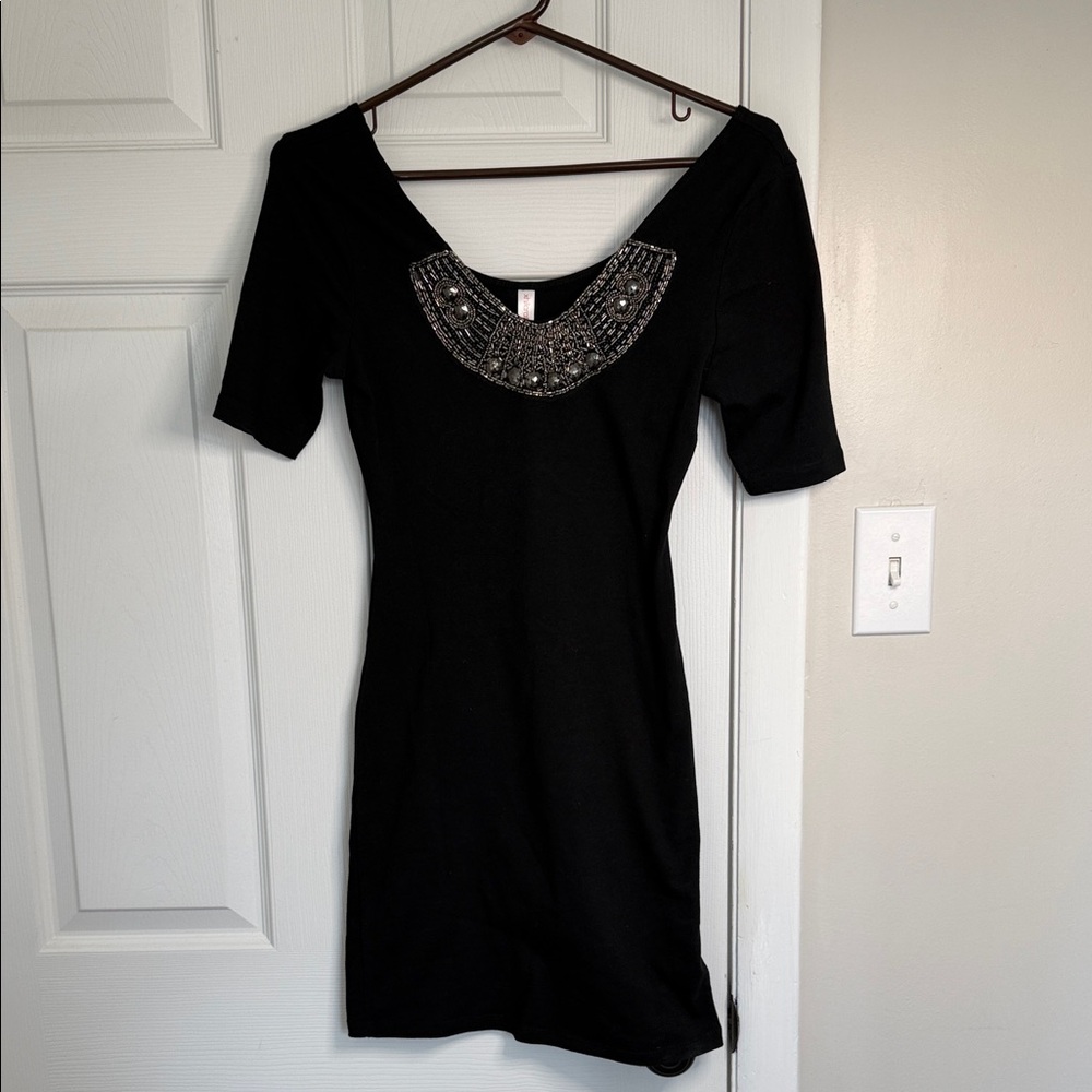 Xhilaration Black Mini Dress with Embellished Neckline